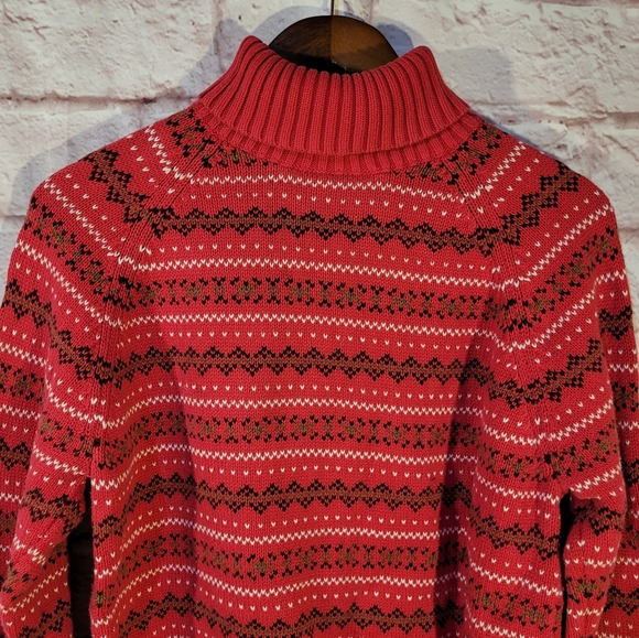 Lands’ End Red Fair Isle Striped Turtleneck Cotton Pullover Sweater - Picture 8 of 11
